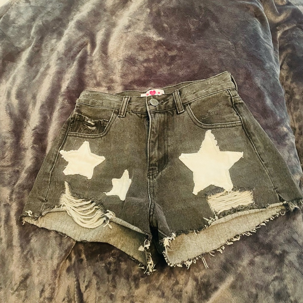 Star Patterned Distressed Denim Shorts